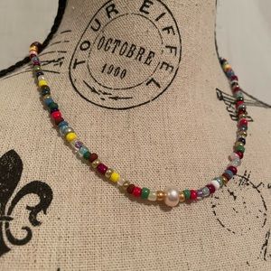 🌈 Rainbow Glass Beaded Necklace with Freshwater Pearl